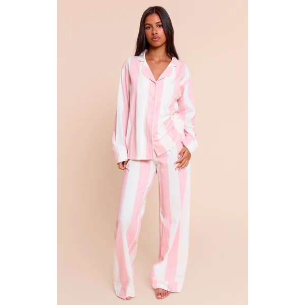 Petite Pink Chunky Stripe Jersey Piping Detail Long Pj Set