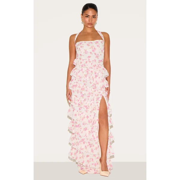 Petite Pink Flower Print Frill Detail Maxi Dress