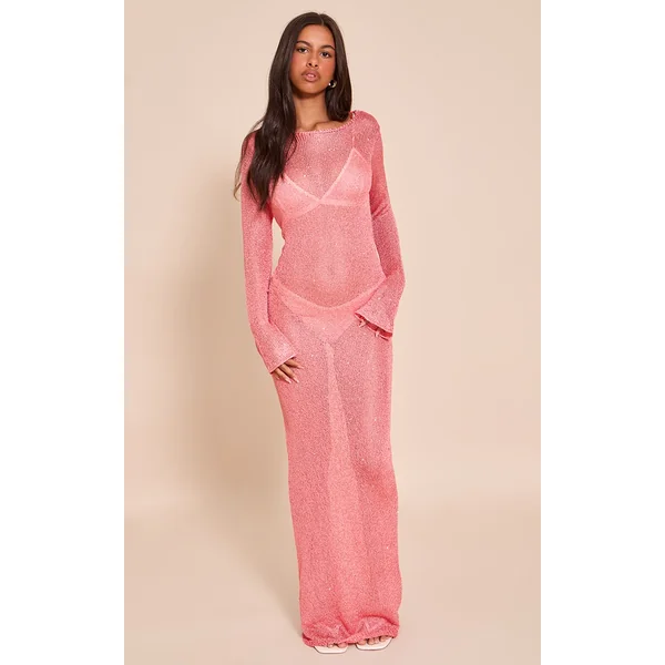 Petite Pink Long Sleeve Sequin Knitted Maxi Dress