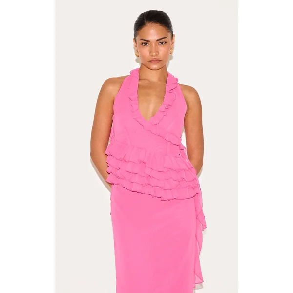 Petite Pink Mesh Halterneck Frill Detail Top