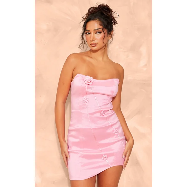 Petite Pink Woven Bandeau Structured Flower Detail Mini Dress
