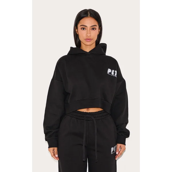 Petite Premium Black Printed Boxy Hoodie