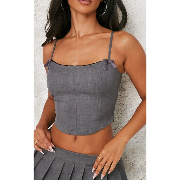 Petite Premium Grey Woven Bow Detail Corset Top