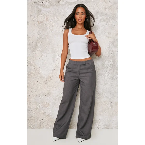 Petite Premium Grey Woven Low Rise Wide Leg Pants