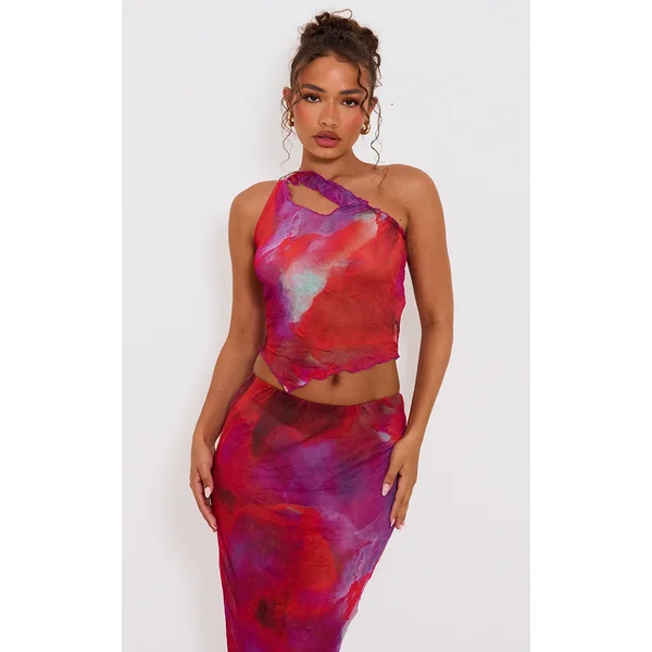 Petite Purple Crushed Mesh Ring Trim Asymmetric Neckline Top