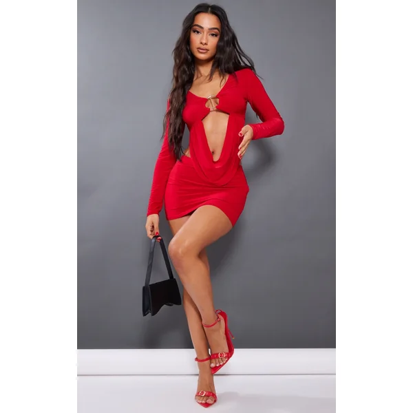 Petite Red Low Rise Slinky Micro Mini Skirt