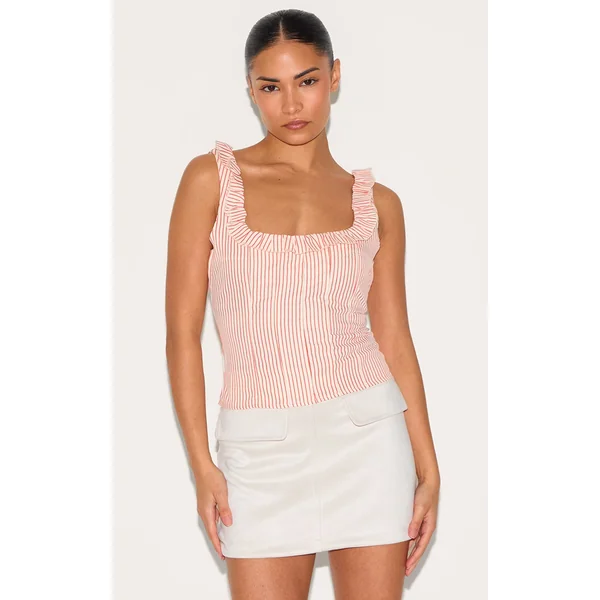 Petite Red Pinstripe Frill Detail Top