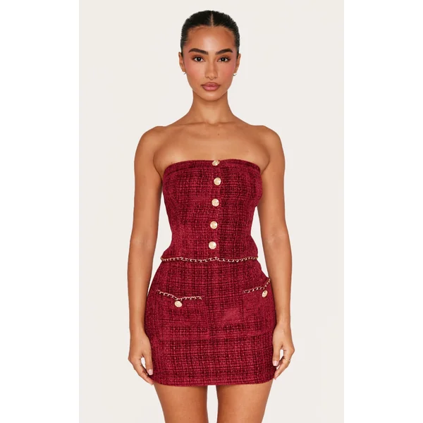 Petite Red Twill Bandeau Button Detail Top