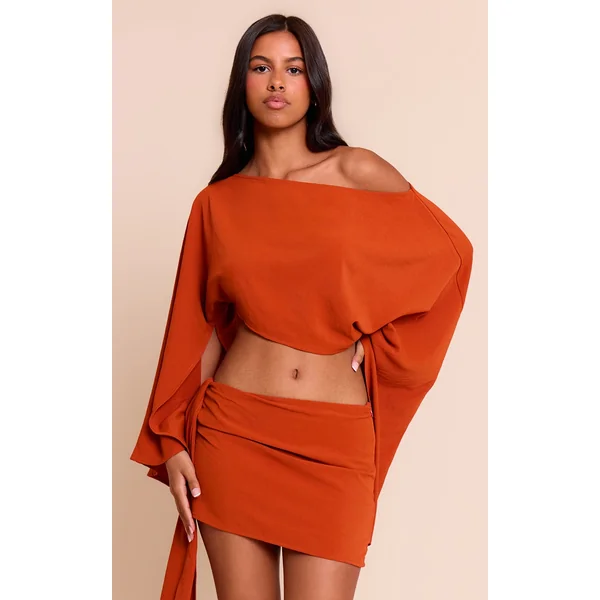 Petite Rust Floaty Woven Slash Neck Long Sleeve Top
