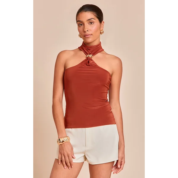 Petite Rust Halterneck Trim Detail Long Top
