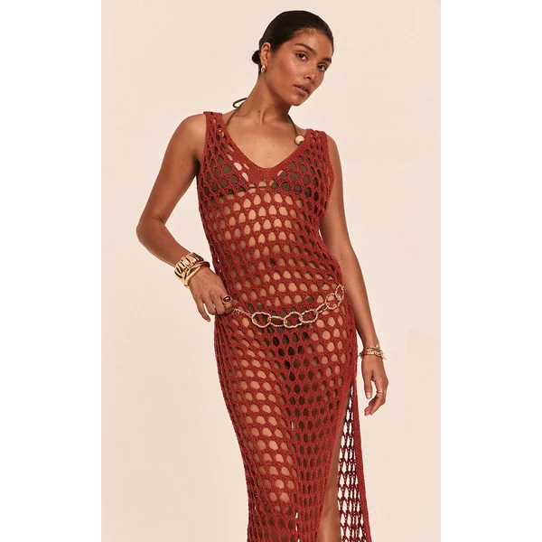 Petite Rust Open Knit Sleeveless Maxi Dress