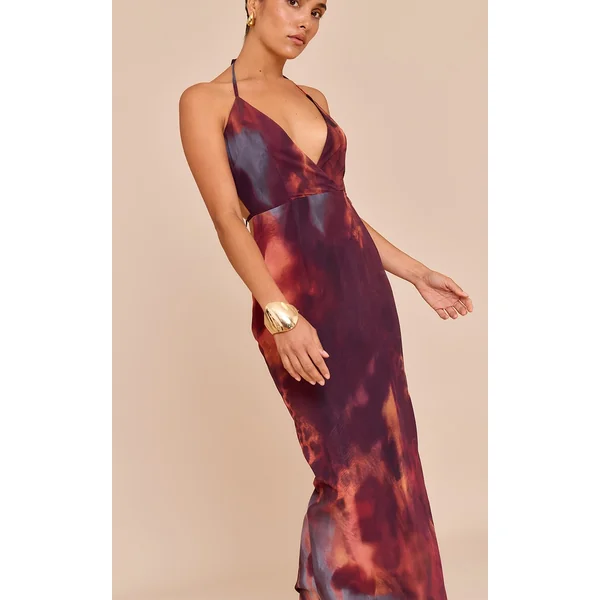 Petite Rust Printed Halterneck Open Back Maxi Dress