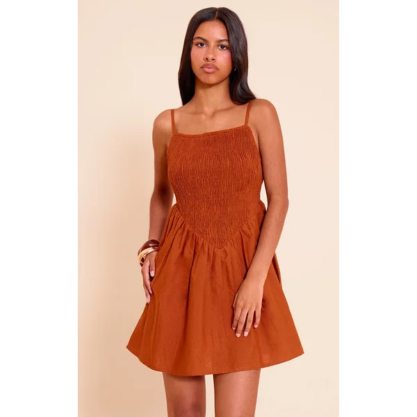 Petite Rust Spaghetti Strap Shirred Bodice Shift Dress