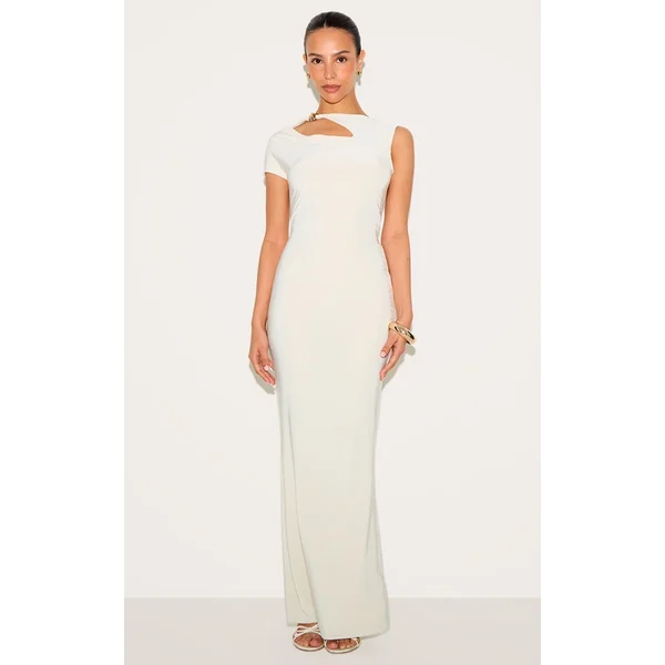 Petite Sand Asymmetric Shoulder Gold Detail Maxi Dress