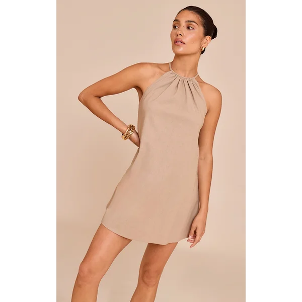 Petite Sand Linen Look Woven Halterneck Mini Dress