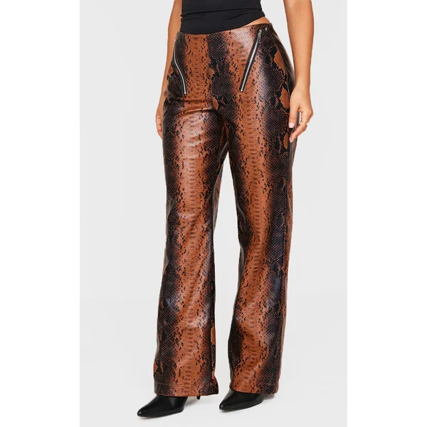 Petite Snake Print Faux Leather Zip Detail Low Rise Wide Leg Pants