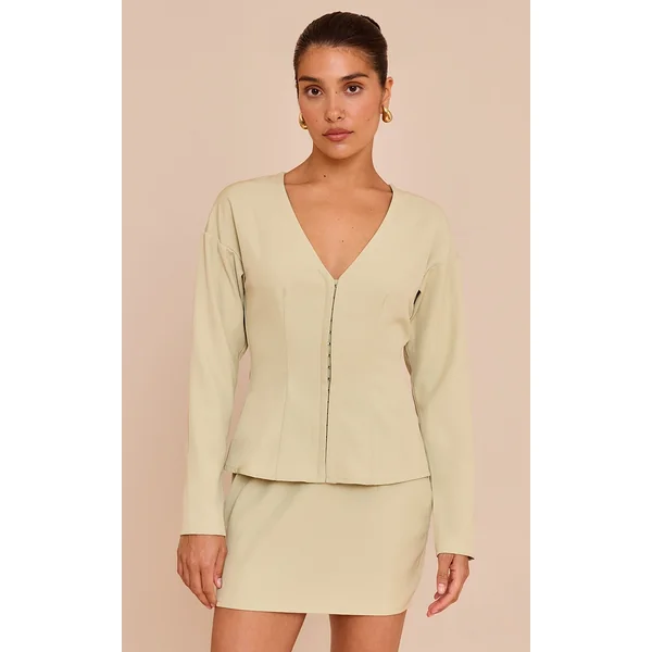 Petite Soft Olive Collarless Hook And Eye Cinched Waist Long Top