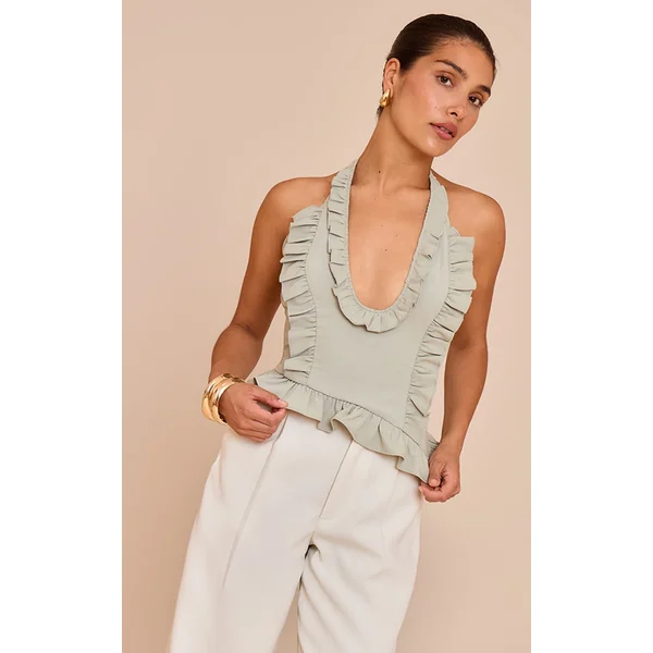 Petite Soft Olive Frill Halterneck Top