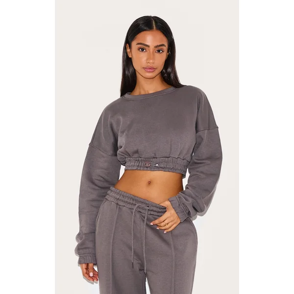 Petite Steel Blue Crop Elasticated Sweat Top