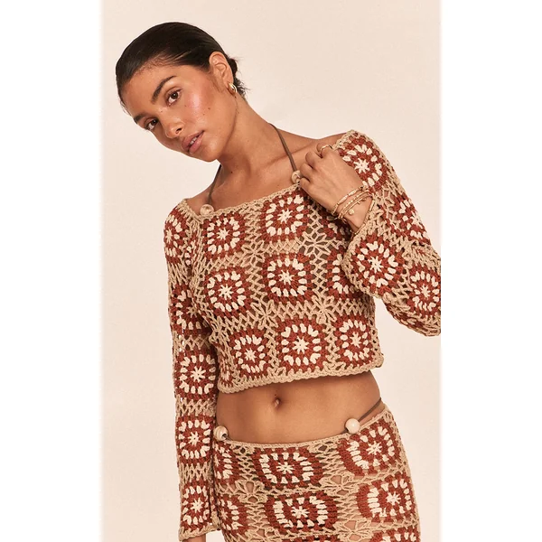 Petite Stone Crochet Knit Long Sleeve Top