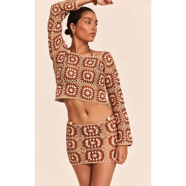 Petite Stone Crochet Knit Mini Skirt