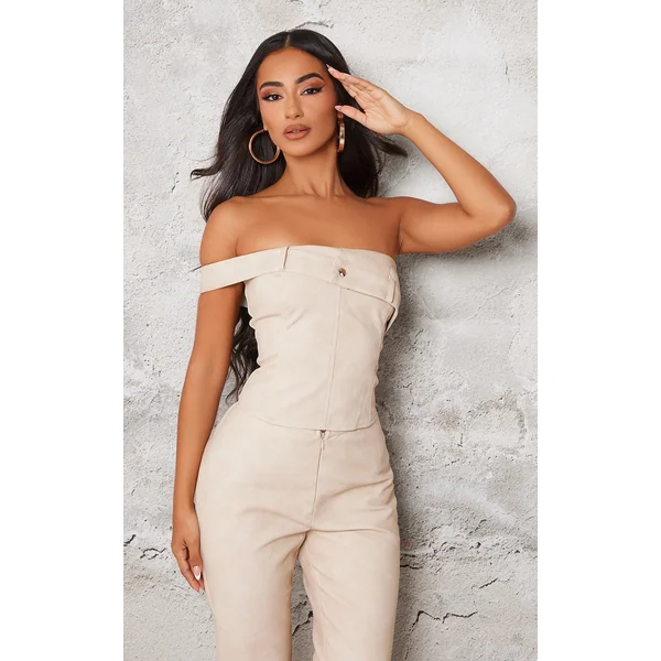 Petite Stone Faux Leather Foldover Strap Detail Top