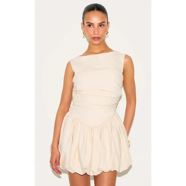 Petite Stone Linen Look Sleeveless Ruched Puffball Hem Mini Dress