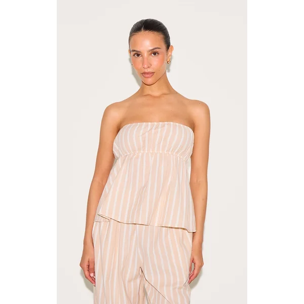 Petite Stone Pinstripe Linen Look Peplum Bandeau Top
