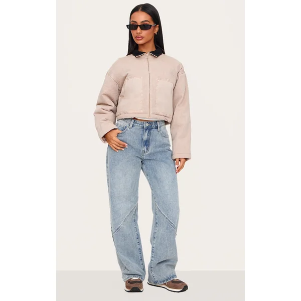 Petite Stone Washed Twill Quilted Jacket With Contrast Collar