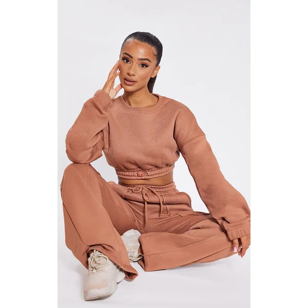 Petite Tan Crop Elasticated Hem Sweat Top