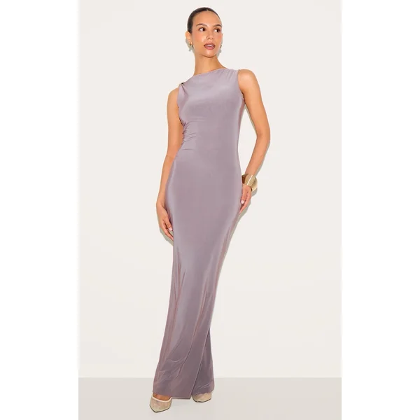 Petite Taupe Asymmetric Shoulder Gold Detail Maxi Dress