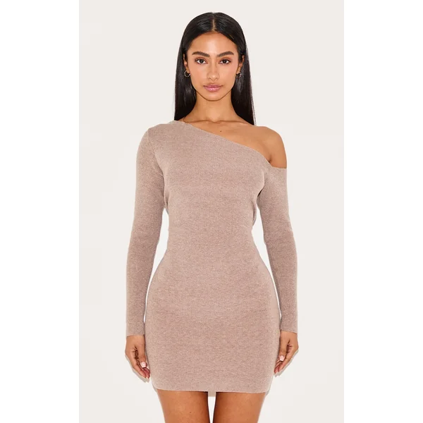 Petite Taupe Asymmetric Shoulder Ribbed Mini Dress