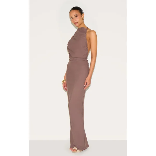 Petite Taupe Backless Halterneck Maxi Dress
