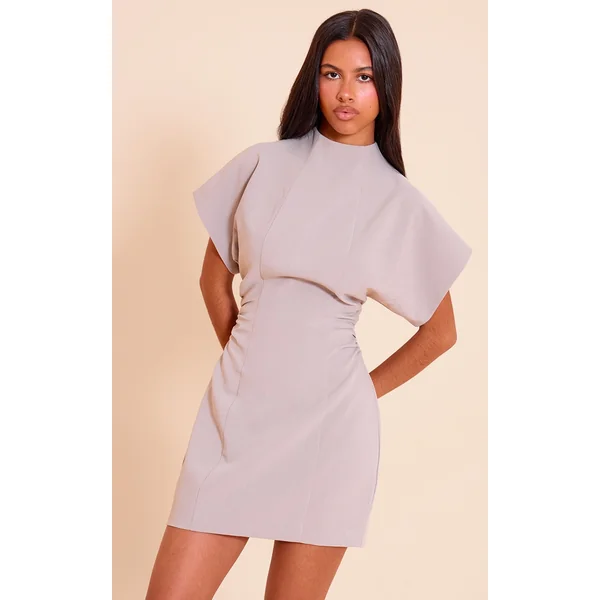 Petite Taupe Cape Sleeve Ruched Detail Mini Dress