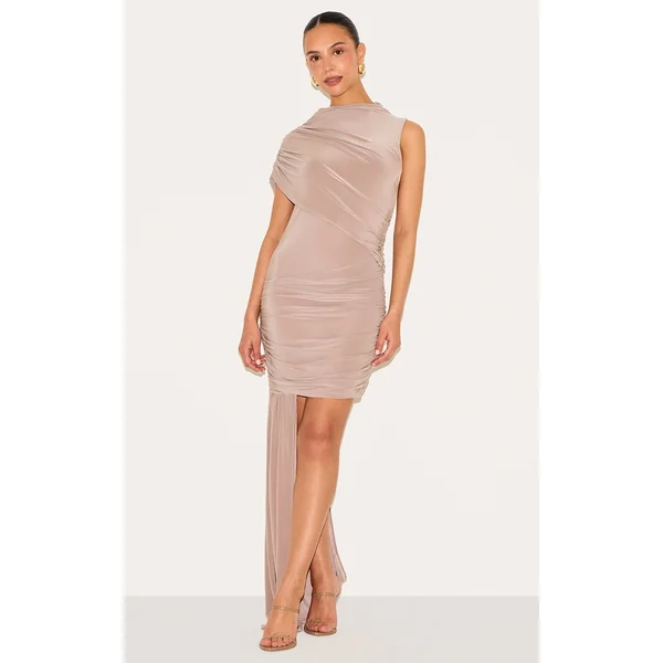 Petite Taupe Cut Out Front Asymmetric Maxi Dress