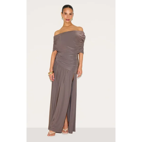 Petite Taupe Double Layer Slinky Bardot One Shoulder Ruched Maxi Dress