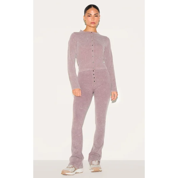 Petite Taupe Faded Snatched Rib Button Detail Flared Leggings