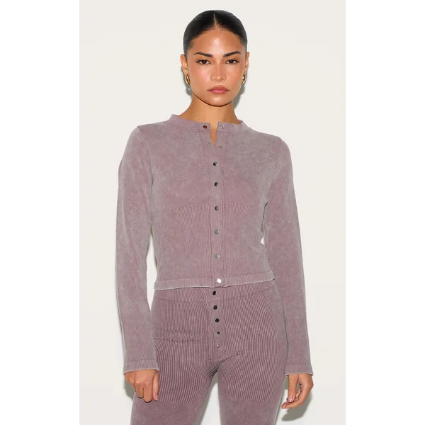 Petite Taupe Faded Snatched Rib Long Sleeve Button Up Top