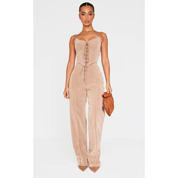 Petite Taupe Faux Suede Lace Up Wide Leg Pants