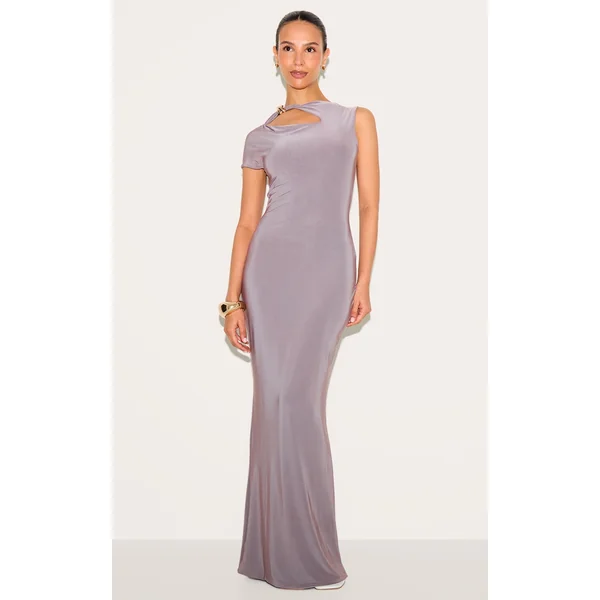 Petite Taupe Gold Trim Detail Maxi Dress