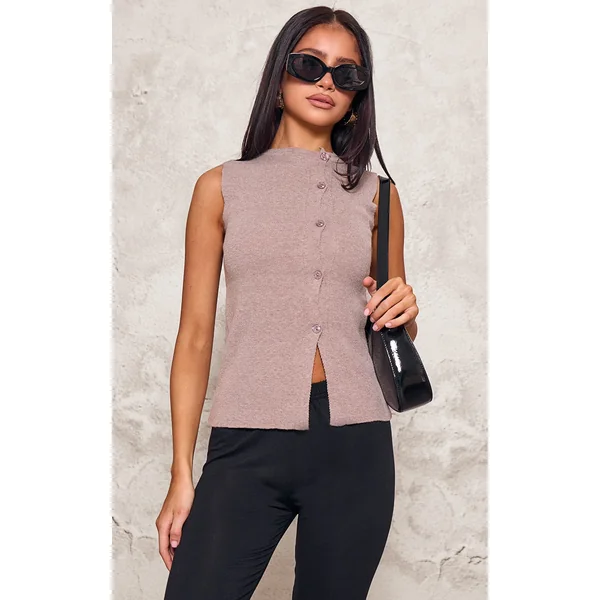 Petite Taupe Knit Asymmetric Button Vest