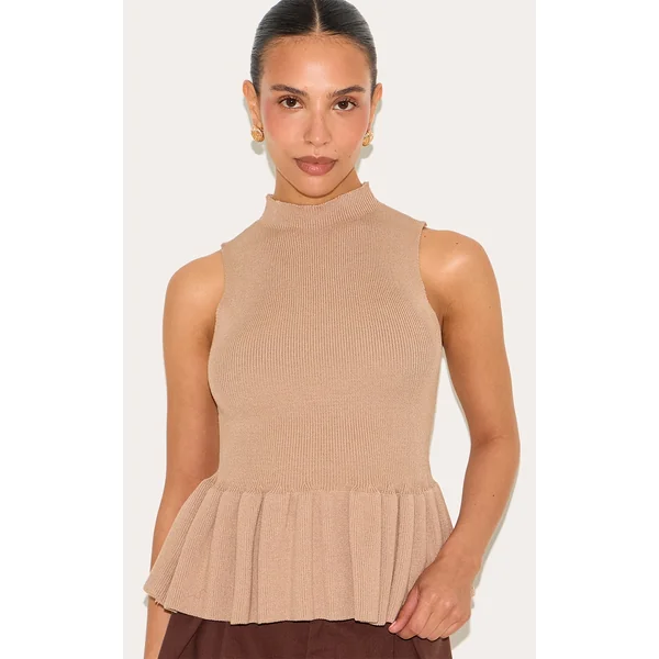 Petite Taupe Knitted High Neck Peplum Hem Long Top