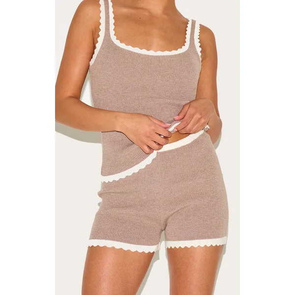 Petite Taupe Knitted Scallop Edge High Waisted Shorts