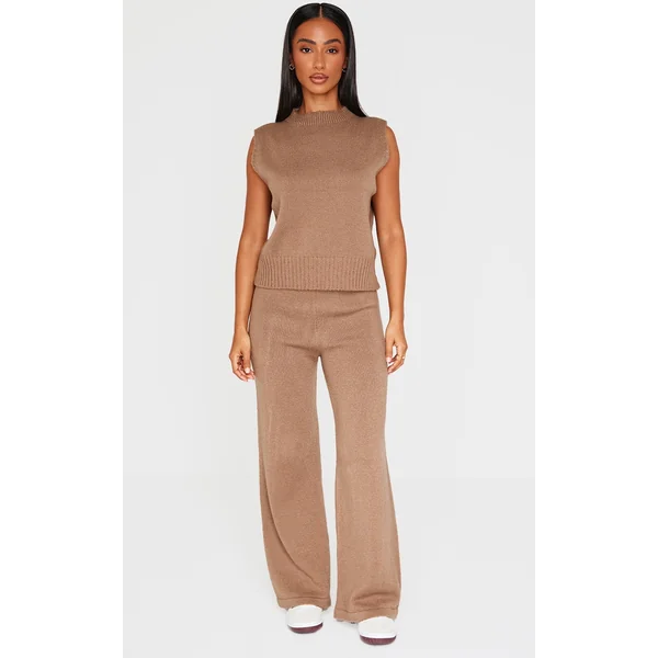 Petite Taupe Marl Soft Knit Wide Leg Pants