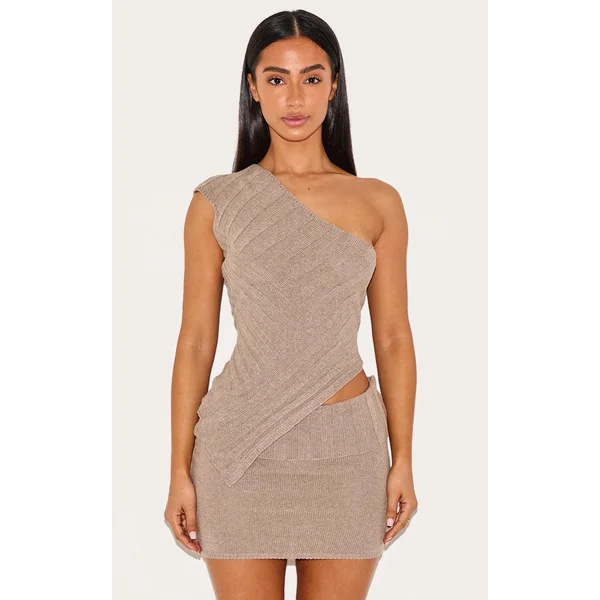 Petite Taupe One Shoulder Asymmetric Knit Top