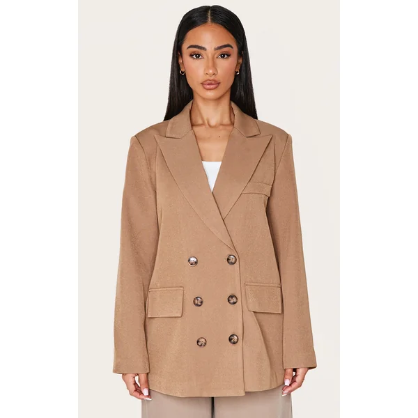 Petite Taupe Premium Double Breasted Button Detail Blazer