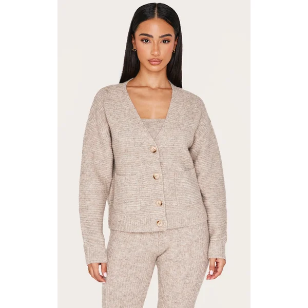 Petite Taupe Rib Knit Oversized Cardigan