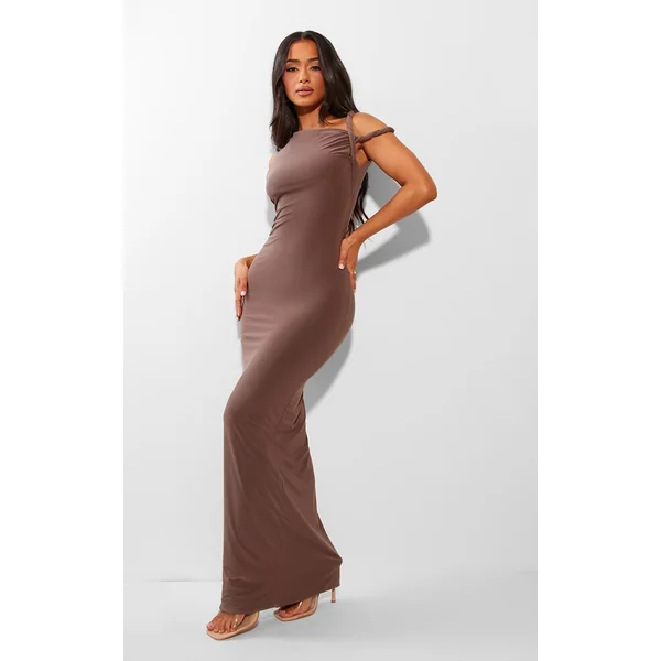 Petite Taupe Slinky Twist Shoulder Maxi Dress