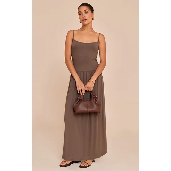 Petite Taupe Strappy Ribbed Flowy Maxi Dress