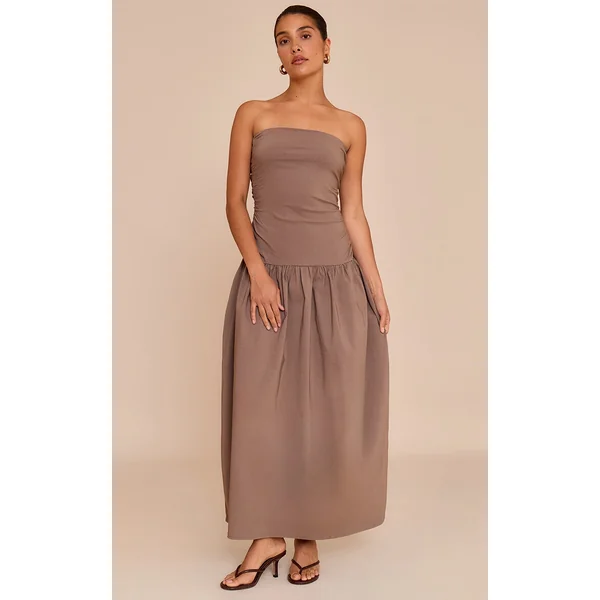 Petite Taupe Stretch Woven Bandeau Ruched Maxi Dress